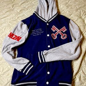 From H&M about 8 years ago, this long sleeve varsity letter jacket is a Medium.